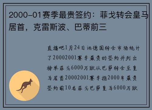 2000-01赛季最贵签约：菲戈转会皇马居首，克雷斯波、巴蒂前三