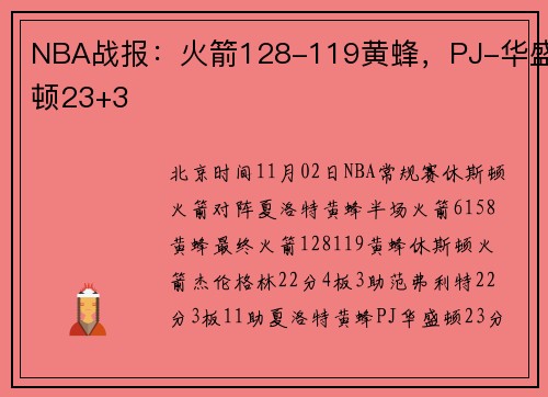NBA战报：火箭128-119黄蜂，PJ-华盛顿23+3